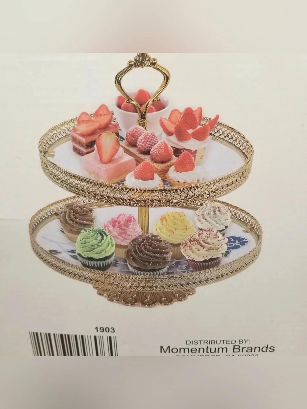 NWT’s 2-Tiered Glass Cake / Cupcakes Platter - Gold Tone Trimming - Picture 5 of 5